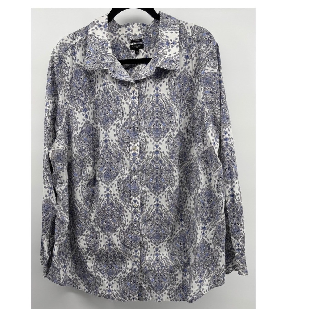 Talbots Woman Size 24W Blue White Paisley Button Down Shirt Wrinkle Resistant